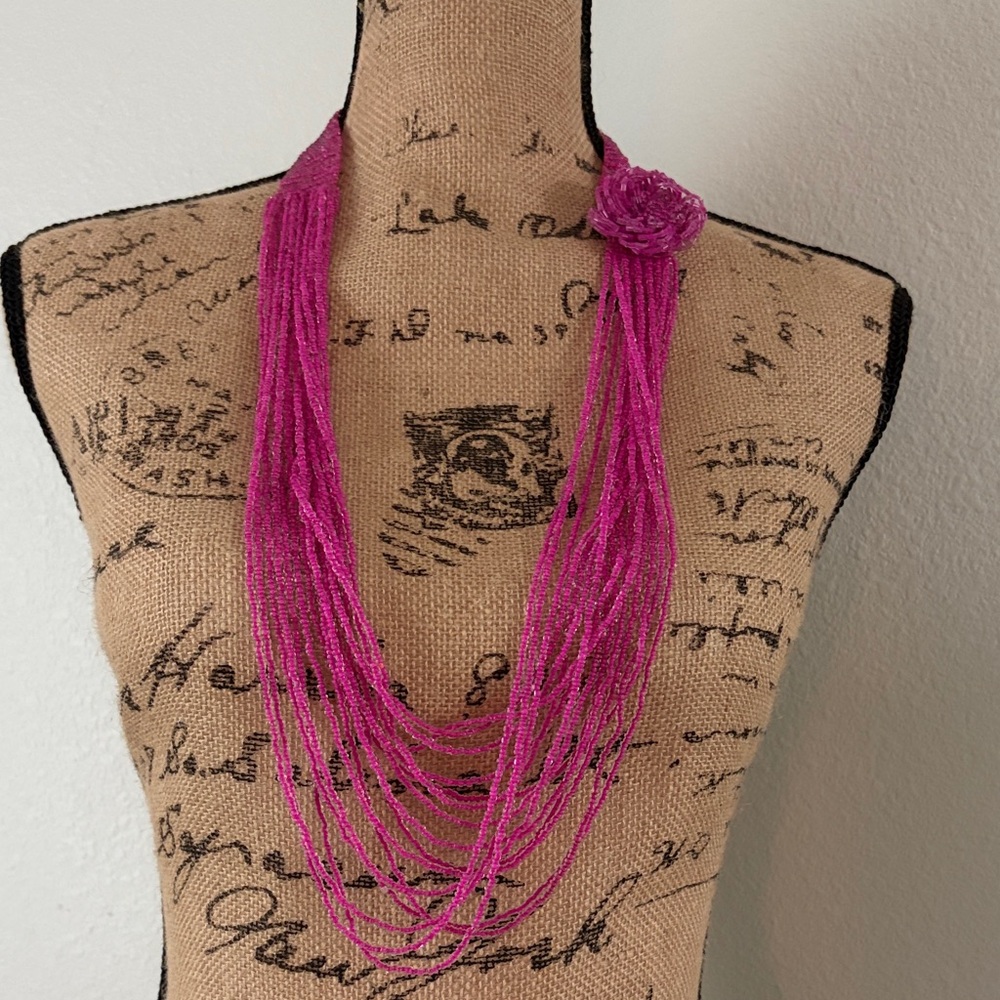 Stunning Pink Seed Beaded Necklace with a Rose Applique